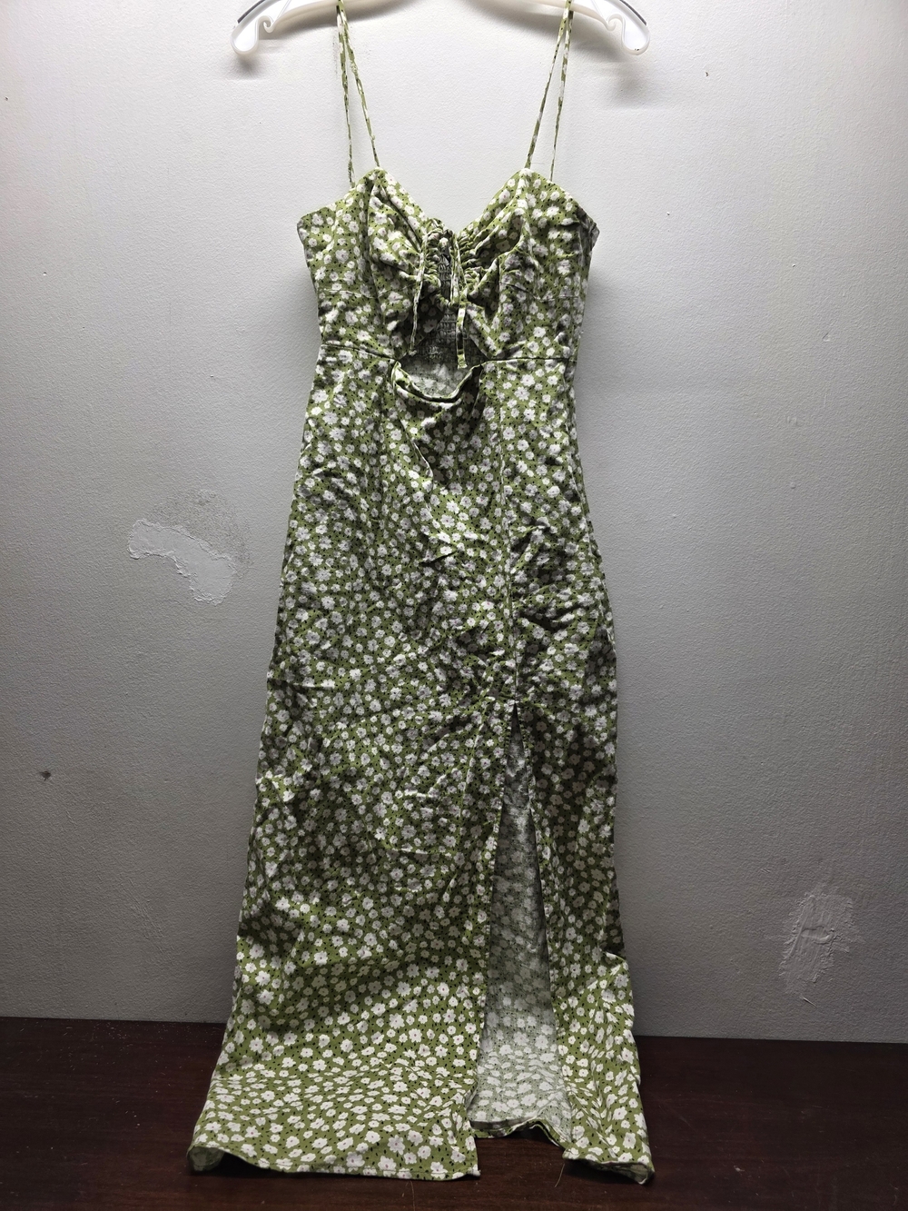 Zara Olive Green Floral Tie-Front Spaghetti Strap Maxi Dress